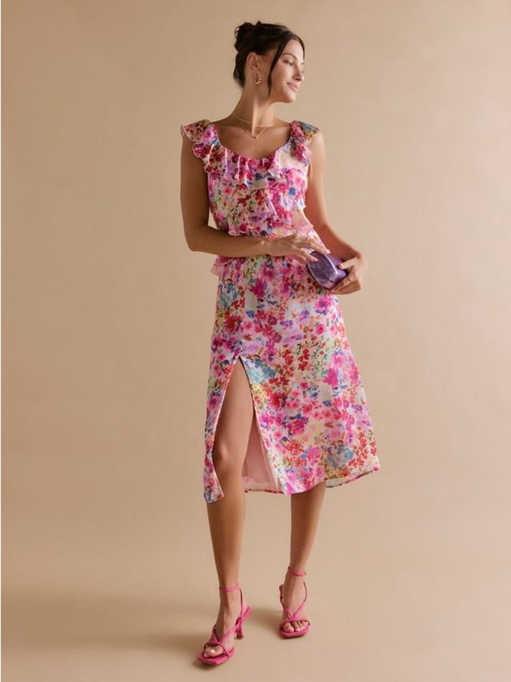 NWT FRANCESCA’S | Floral Ruffle Midi Dress in Pink Multicolor 🌸